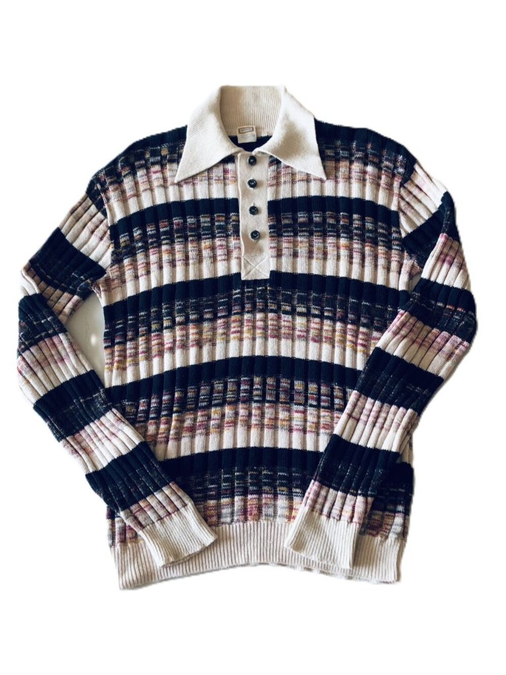 Vintage Drummond Sweater Stripes Ribbed Polo Pullover 70s 100% Cotton Mens L